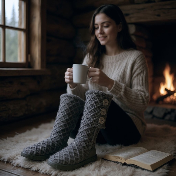 Cozy Gray Knit Button Boots - Picture 1 of 7